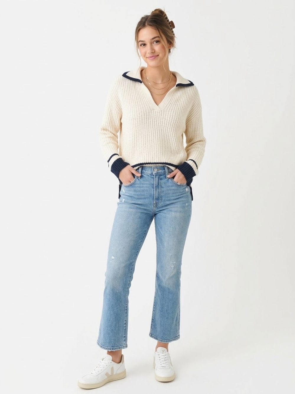 Z SUPPLY $89 NWT P2P 20-23” Hammond Polo Striped Knit Sweater XS Natural & Navy